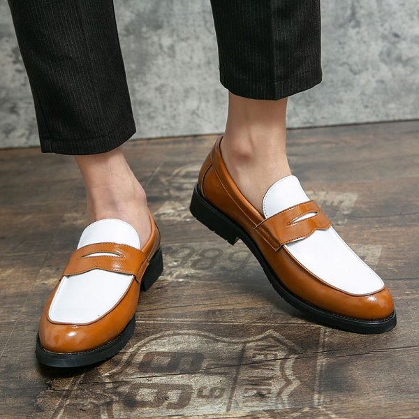 Black and white colorblocking leather shoes men's shoes a foot stirrup Lefebvre shoes trend business shoes